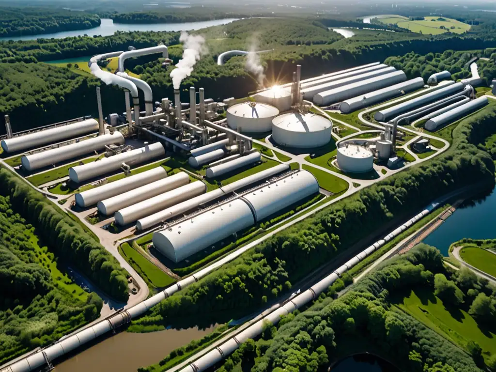 Vista aérea de un sitio industrial rodeado de exuberante vegetación, mostrando la interacción entre la infraestructura humana y el paisaje natural