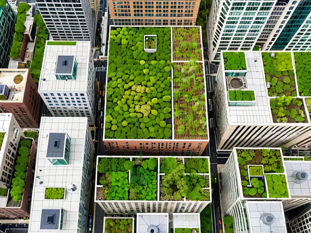 Vista aérea de techos verdes urbanos, contrastando con la jungla de concreto