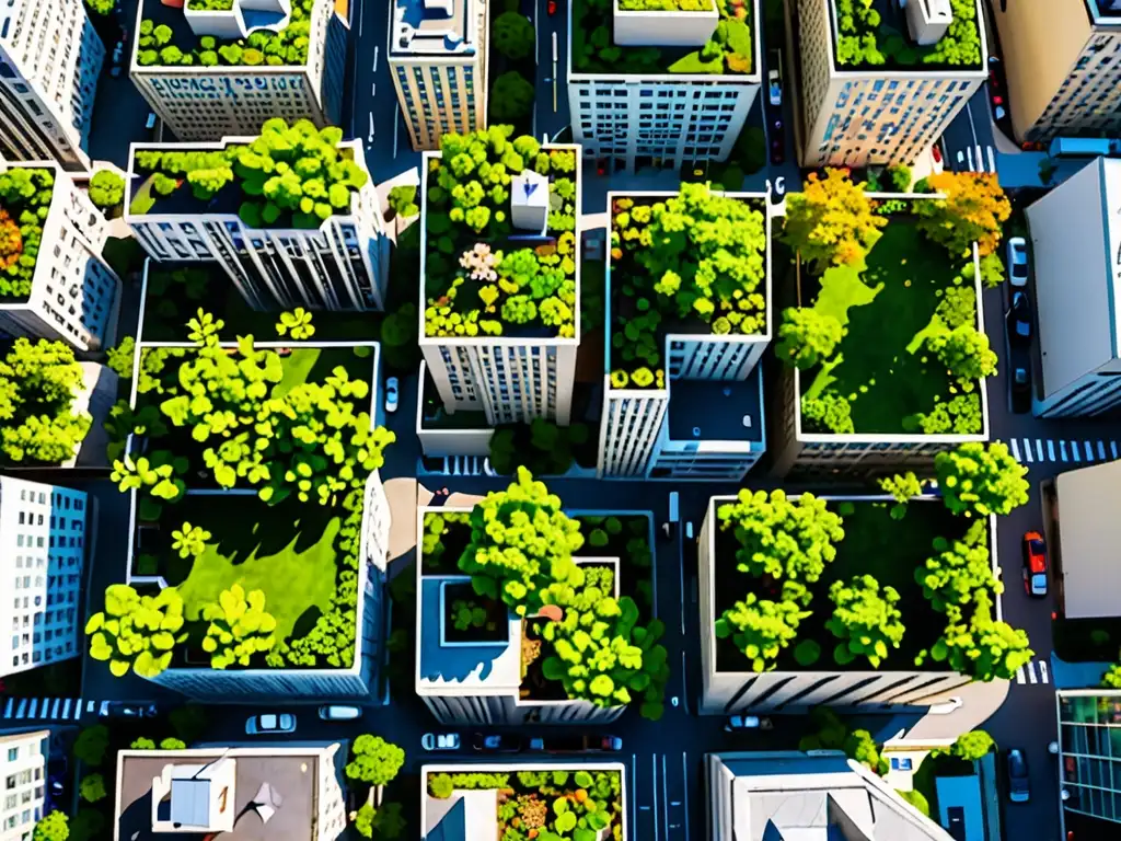 Vista aérea de techos verdes en la jungla de concreto, mostrando desafíos legales en su implementación