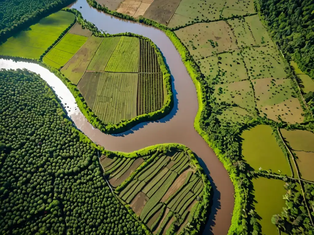 Vista aérea de territorio indígena exuberante con ríos, bosques y cultivos