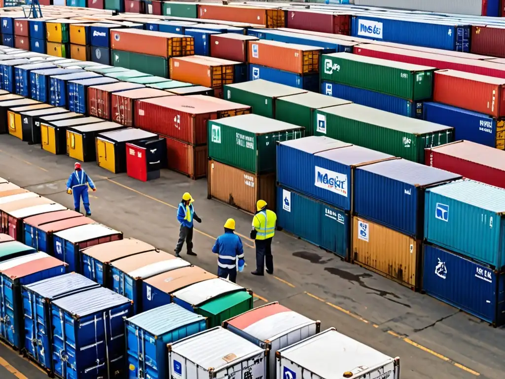 Vista aérea de trabajadores etiquetando barriles de residuos peligrosos bajo supervisión oficial, con banderas nacionales de fondo