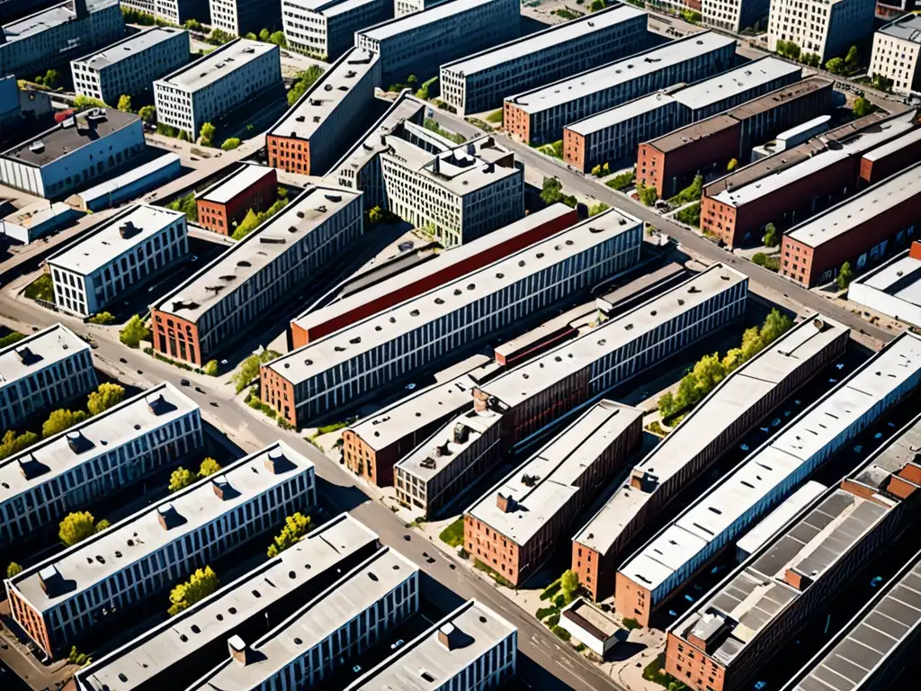 Contraste urbano: pasado industrial y modernidad en la fotografía aérea Vista aérea de renovación urbana postindustrial, destacando la coexistencia de elementos históricos y modernos en la ciudad