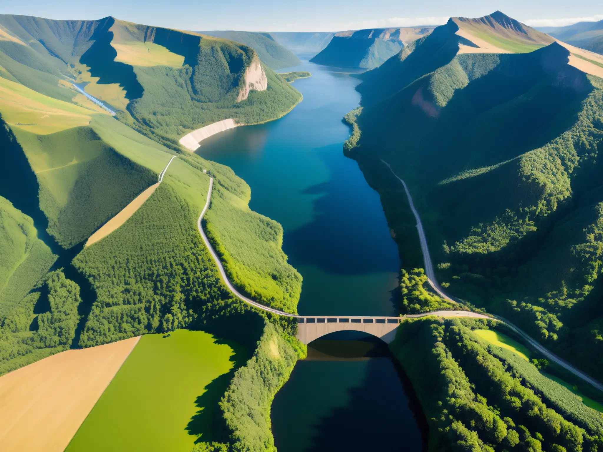 Vista aérea de un valle exuberante con una presa hidroeléctrica