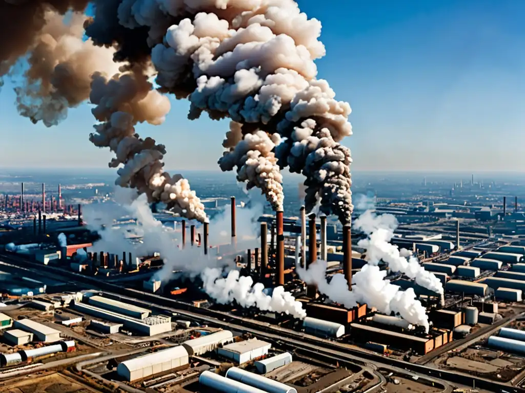 Vista aérea de una vasta área industrial con humeantes chimeneas, contrastando con un cielo azul