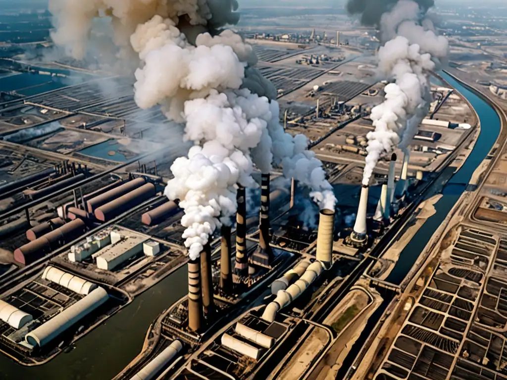 Vista aérea de vasta área industrial contaminada con humo y aguas turbias