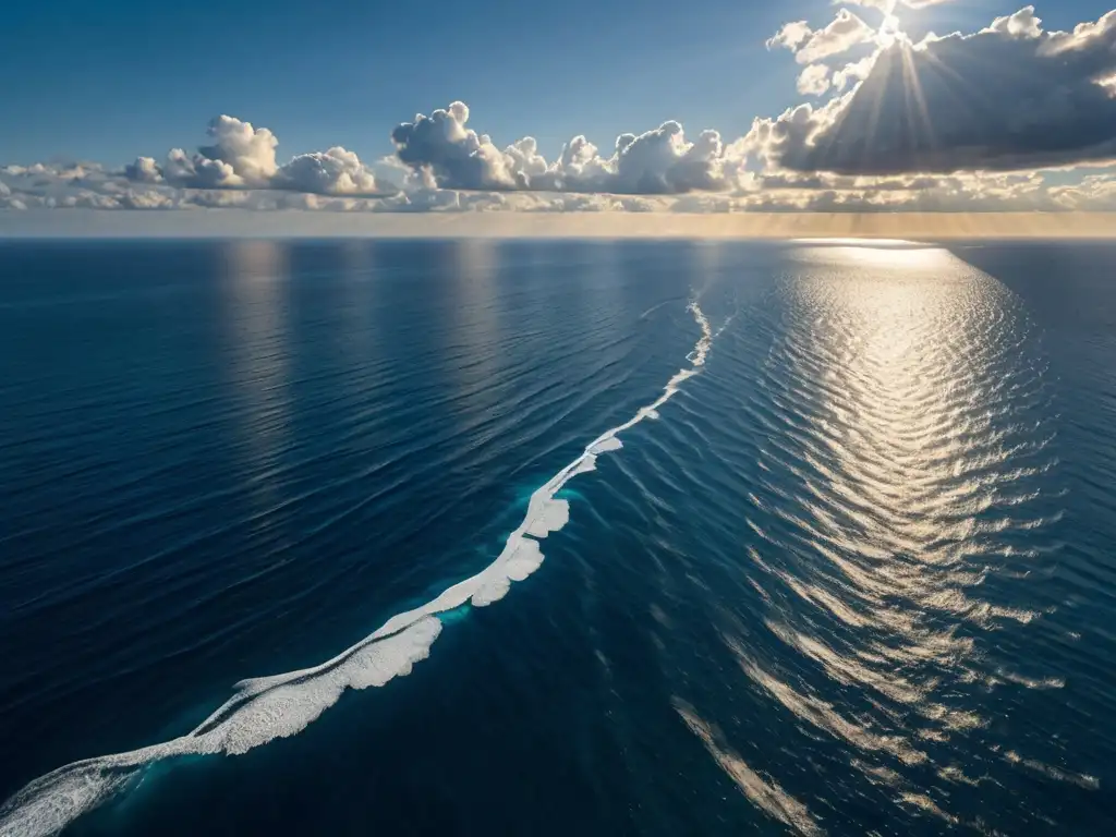 Vista aérea del vasto océano azul con rayos de sol, reflejando un brillo dorado