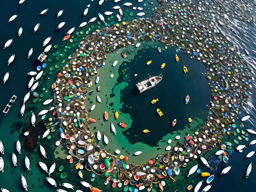 Vista aérea de vasto océano con remolino de basura, reflejando desafíos legislación ambiental residuos marinos