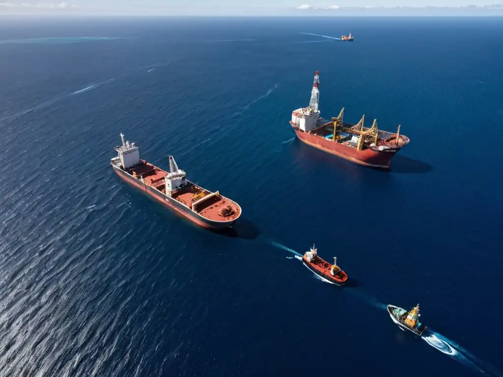 Vista aérea de un vasto océano con buque minero y barcos de apoyo