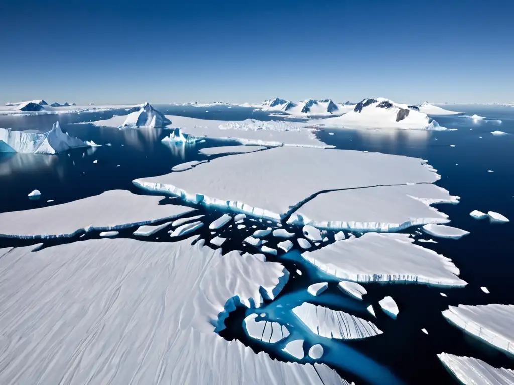 Vista aérea del vasto paisaje helado de la Antártida, con el blanco brillante del hielo contrastando con el azul profundo del océano circundante