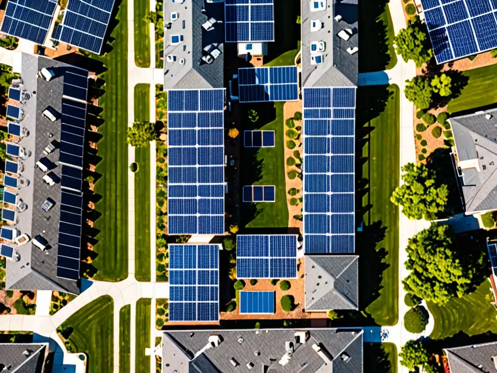 Vista aérea de vecindario con paneles solares en techos