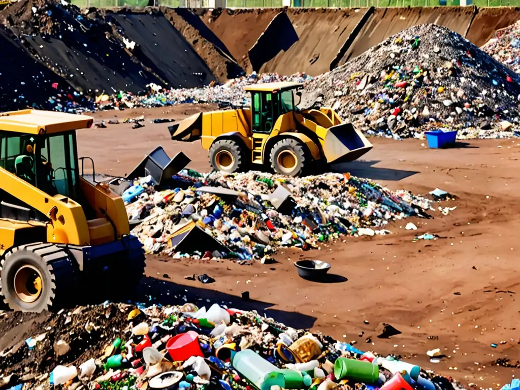 Vista aérea de un vertedero con capas de desechos que incluyen plásticos, materia orgánica y escombros