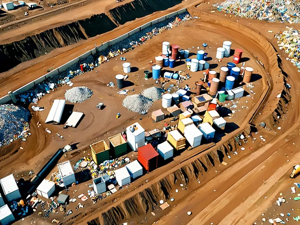 Vista aérea de un vertedero con desechos peligrosos, impactando el entorno