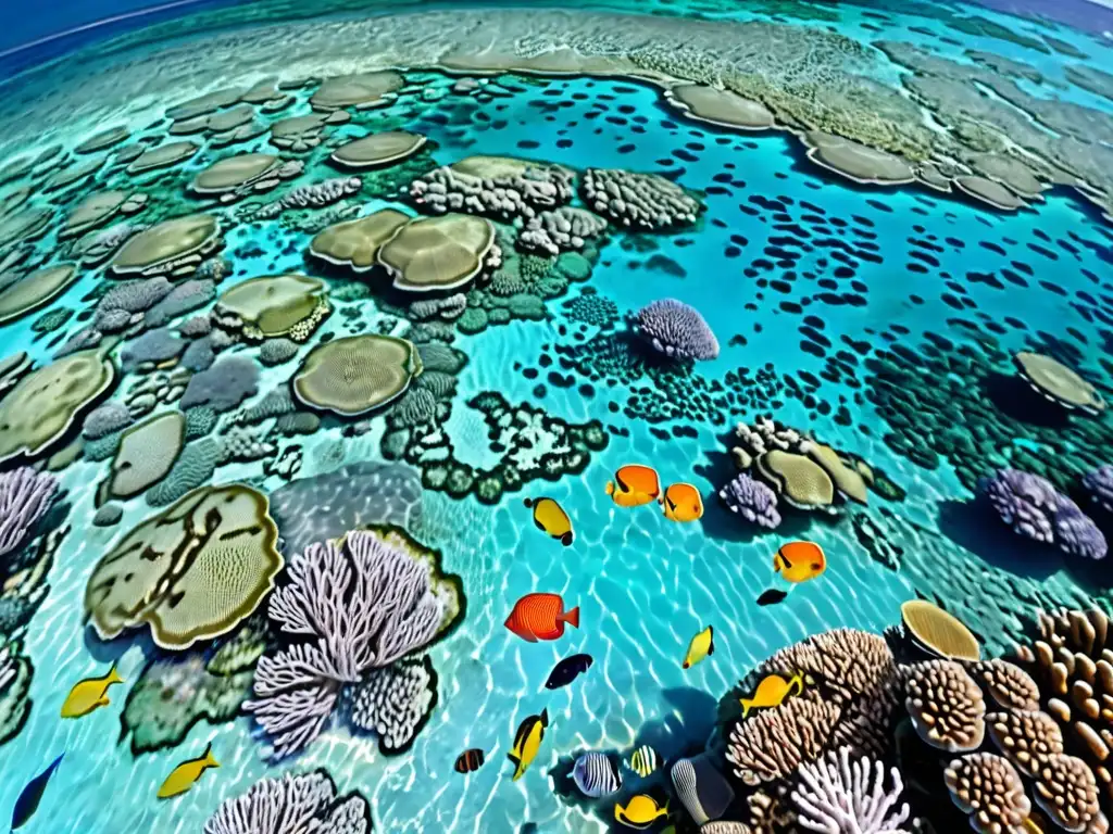 Vista aérea de un vibrante arrecife de coral con vida marina diversa y colorida, contra aguas turquesas cristalinas