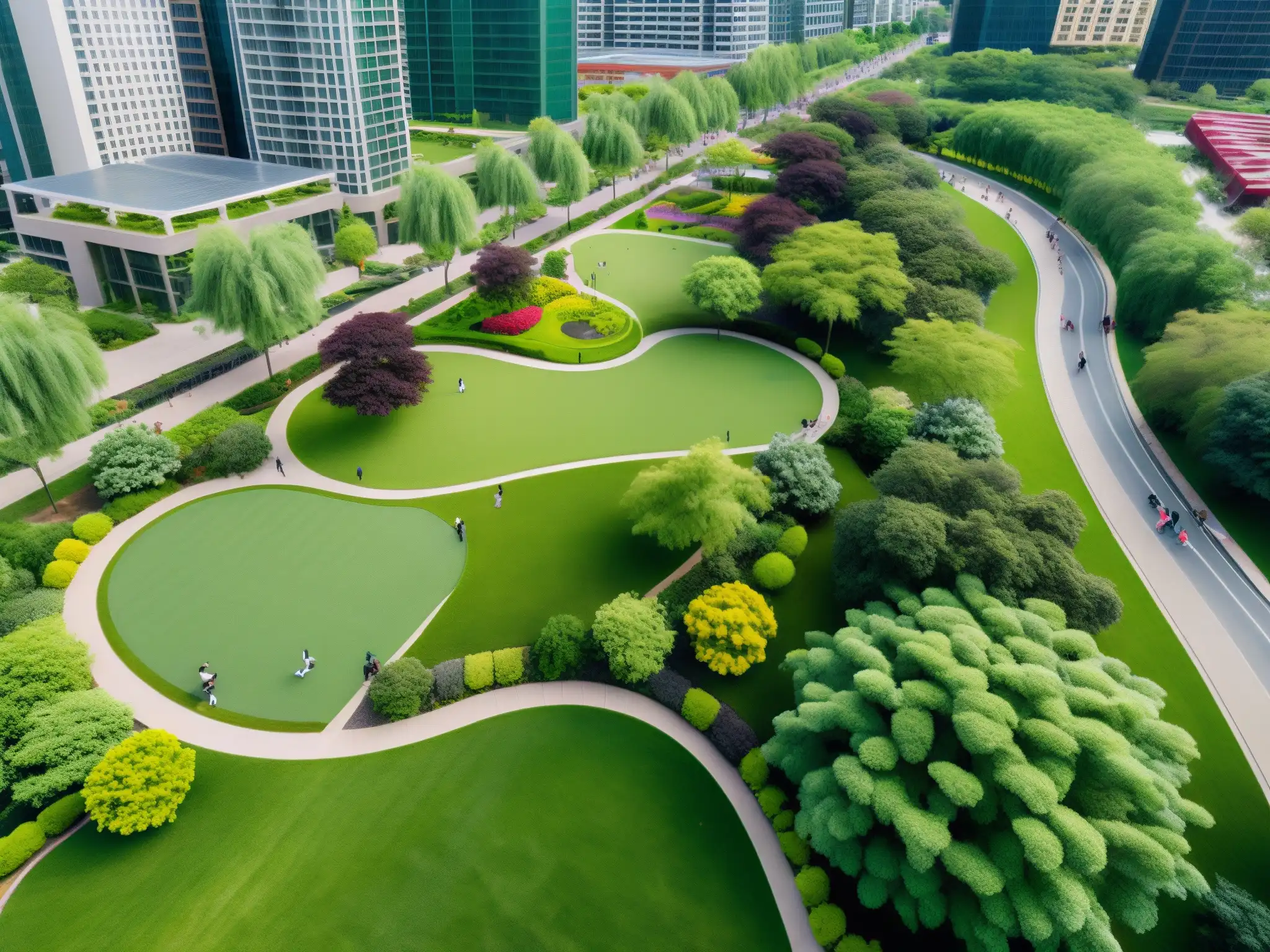 Vista aérea de un vibrante parque urbano rodeado de rascacielos, con exuberante vegetación y personas disfrutando de actividades recreativas