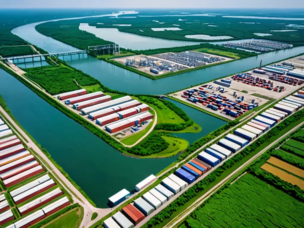 Vista aérea de zona industrial y naturaleza, simbolizando el desafío del Derecho ambiental y cadenas globales