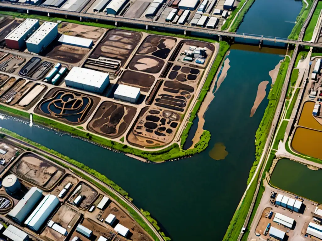 Vista aérea de la zona industrial junto a un río contaminado, reflejando los logros y retos del ACAAN ambiental