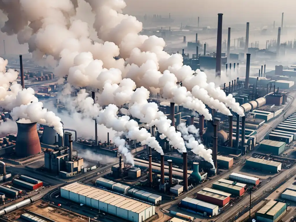 Vista aérea de zona industrial con chimeneas emitiendo contaminación, rodeada de smog y neblina, ilustrando la importancia de la Convención Contaminación Atmosférica Transfronteriza