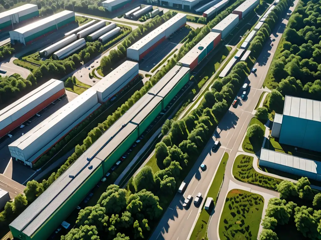 Vista aérea de una zona industrial rodeada de bosques verdes, mostrando el impacto de la legislación ambiental en las cadenas de suministro globales