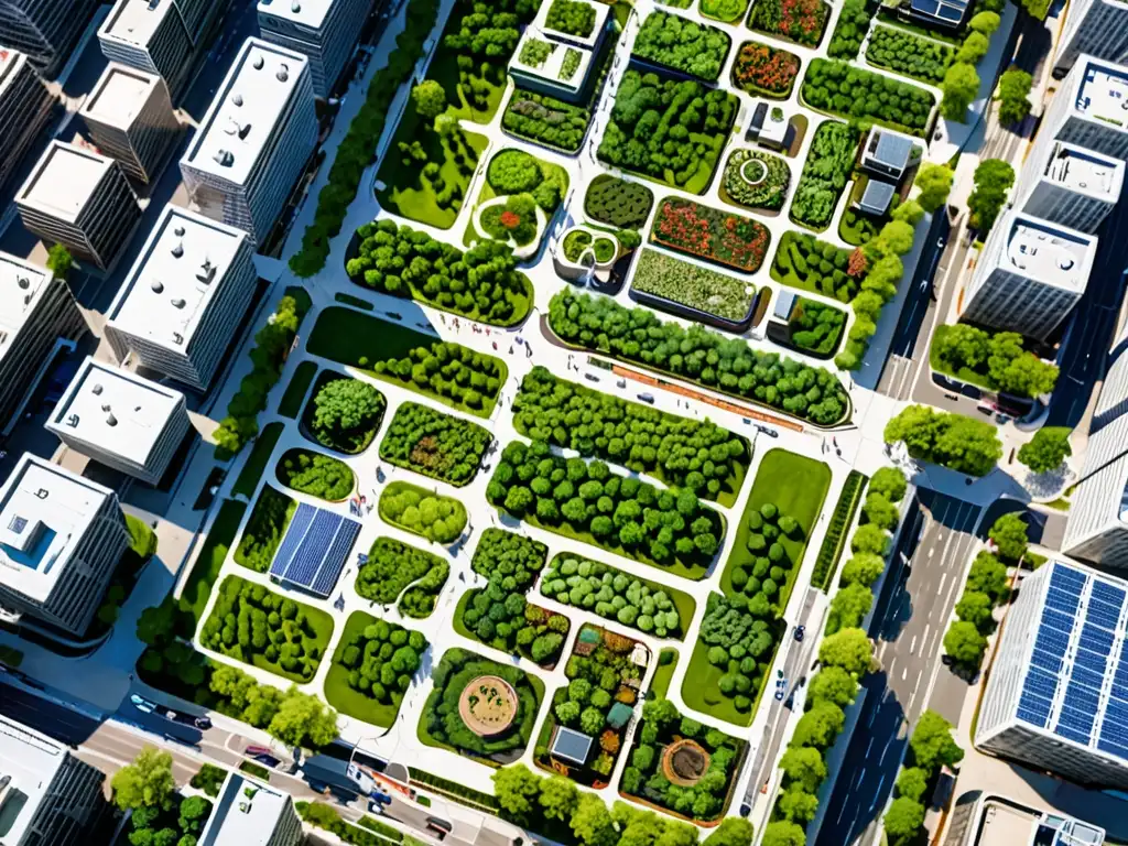 Vista aérea de una zona urbana sostenible, con espacios verdes, transporte público eficiente y energía renovable