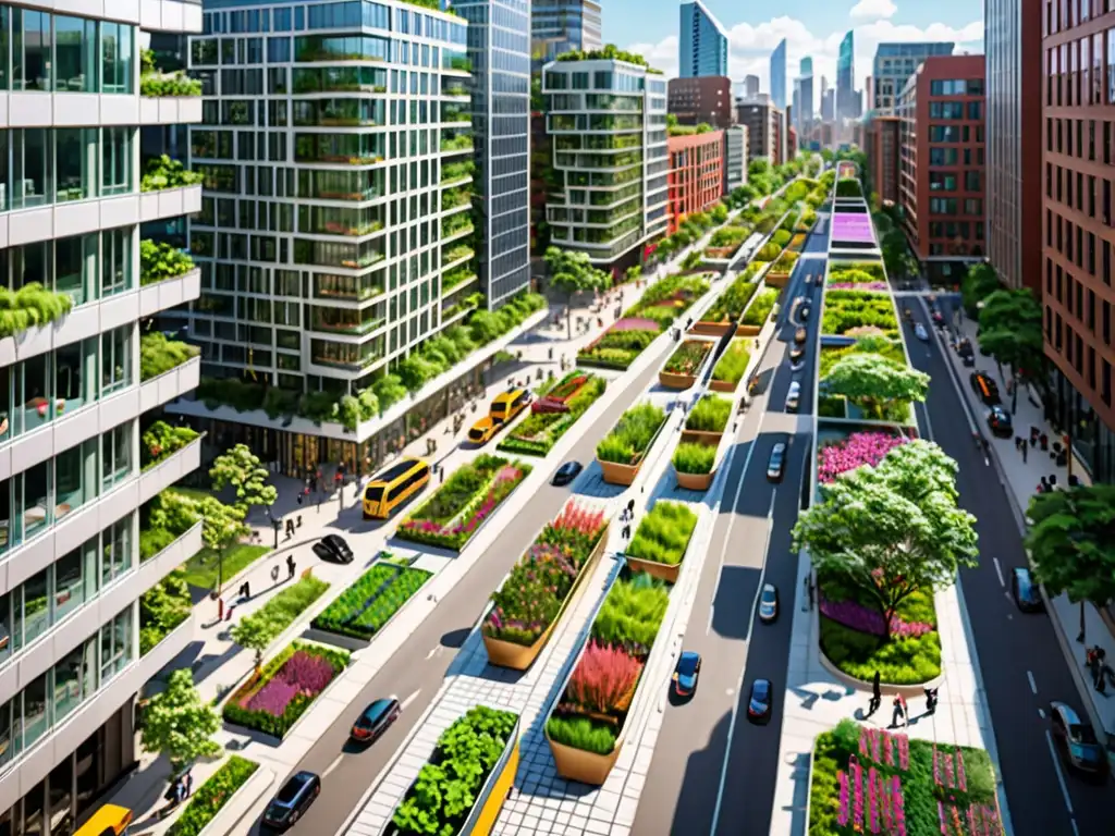 Vista de una bulliciosa calle de la ciudad con edificios modernos y elementos de diseño sostenible, como paneles solares y jardines en azoteas