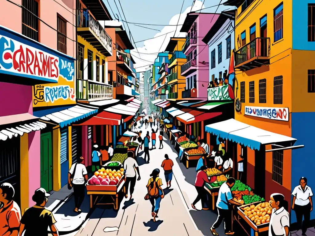 Mercados bulliciosos y arte urbano: la energía de Latinoamérica Vista de una bulliciosa calle de una ciudad latinoamericana con mercados, vendedores callejeros y arte callejero vibrante