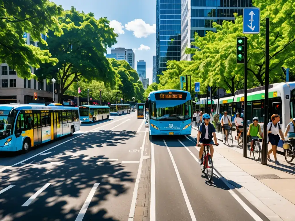 Vista de una bulliciosa calle de la ciudad con autobuses eléctricos y bicicletas, rodeada de árboles verdes y arquitectura moderna