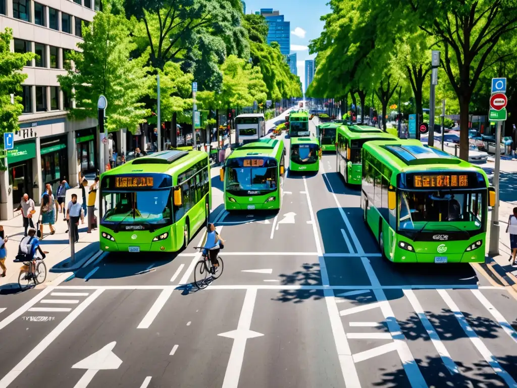 Vista de una bulliciosa calle de la ciudad con autobuses eléctricos y bicicletas compartiendo la vía, rodeada de frondosos árboles y cielos azules