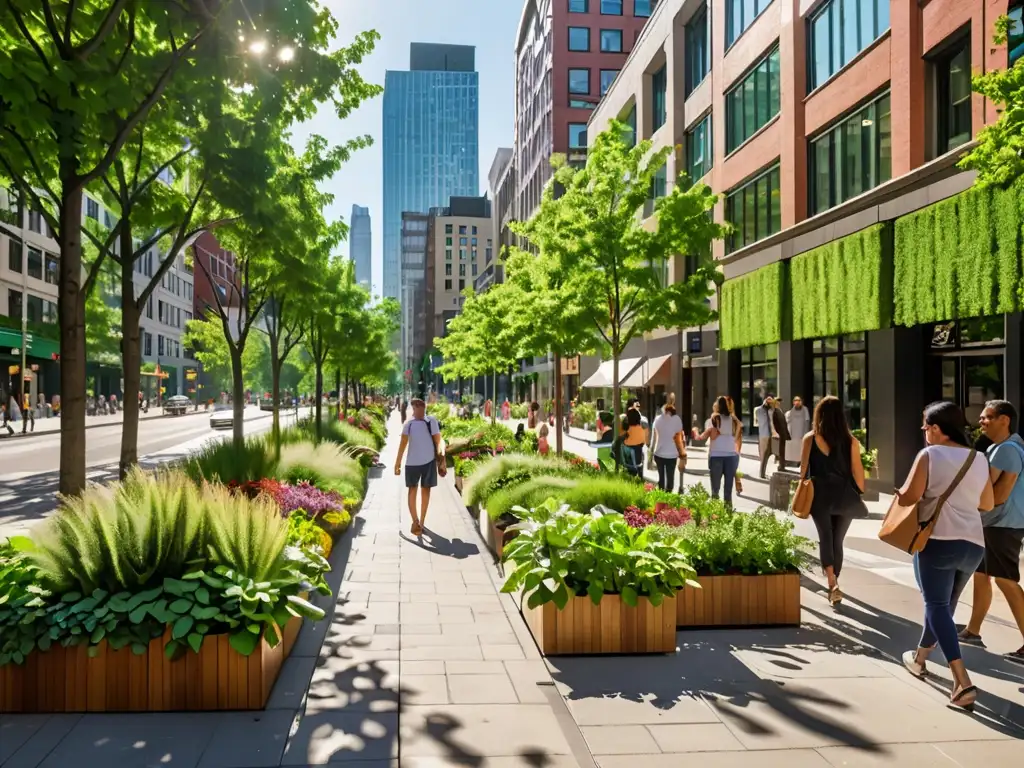 Vista de una bulliciosa calle de la ciudad con vegetación exuberante y edificios verdes, mostrando la armonía entre la urbanización y la naturaleza