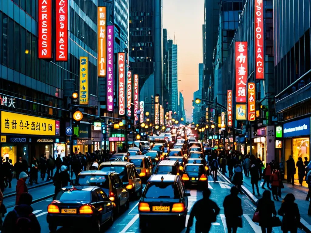 Vista de una bulliciosa calle de la ciudad durante la hora pico, destacando el caos y ruido de la vida urbana