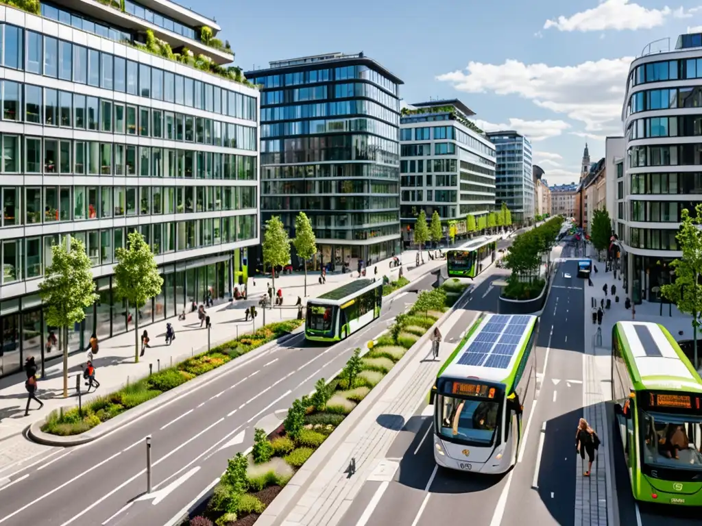 Vista de una bulliciosa calle de una ciudad europea llena de arquitectura moderna y sostenible