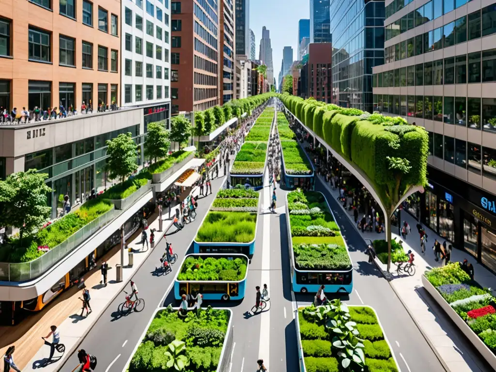 Vista de una bulliciosa calle urbana llena de vegetación, edificios altos con jardines en azoteas y paneles solares