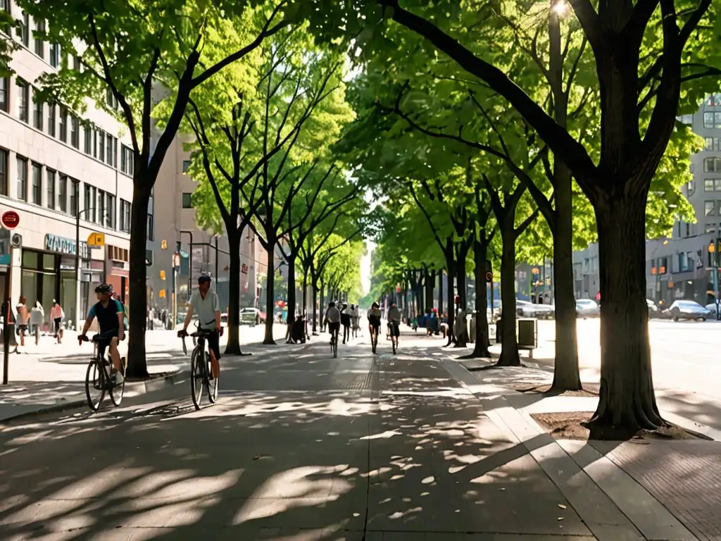 Vista de una bulliciosa calle urbana con rascacielos al fondo y árboles majestuosos