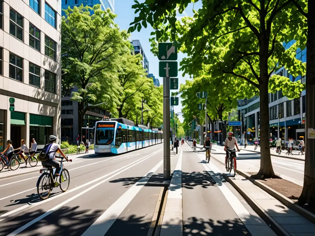 Vista de una bulliciosa calle urbana con edificios modernos, árboles verdes y transporte sostenible