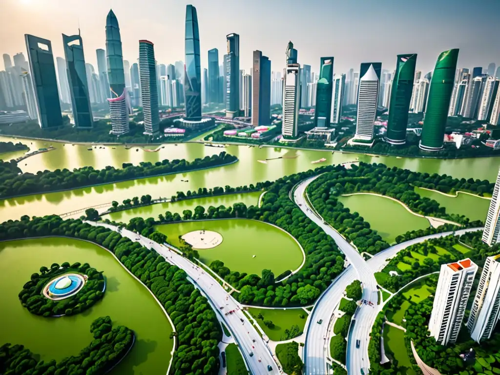 Vista de la bulliciosa ciudad asiática con rascacielos modernos y un exuberante parque verde