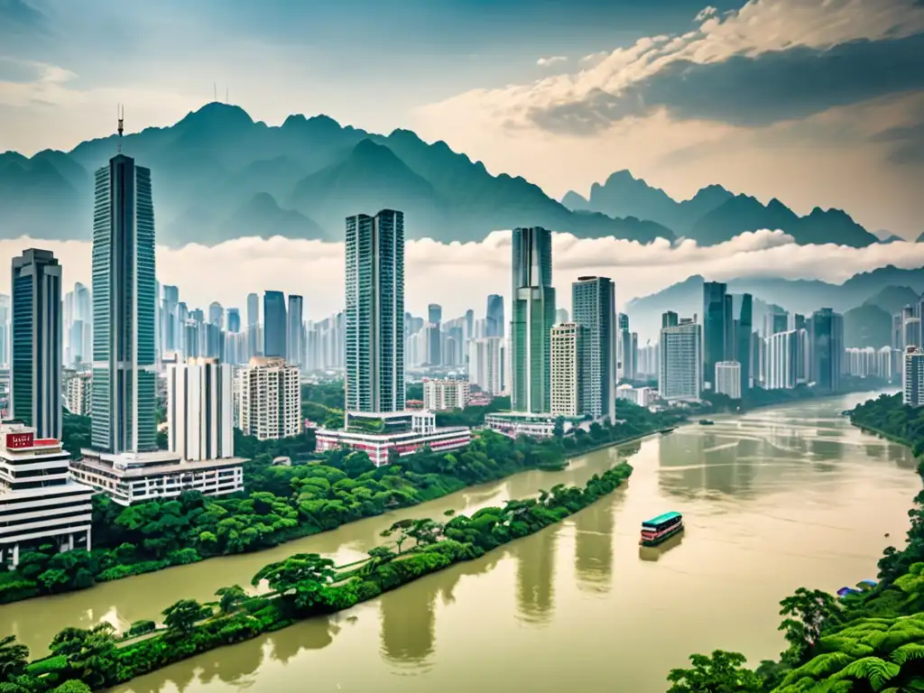 Vista de una bulliciosa ciudad asiática con rascacielos junto a un río, rodeada de exuberante vegetación y montañas cubiertas de smog