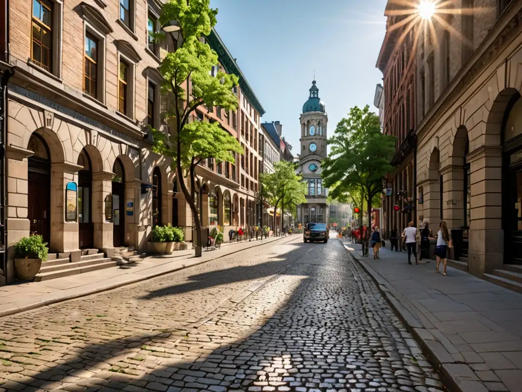 Vista de una calle histórica de la ciudad, con preservación del patrimonio histórico natural en armonía con el desarrollo urbano