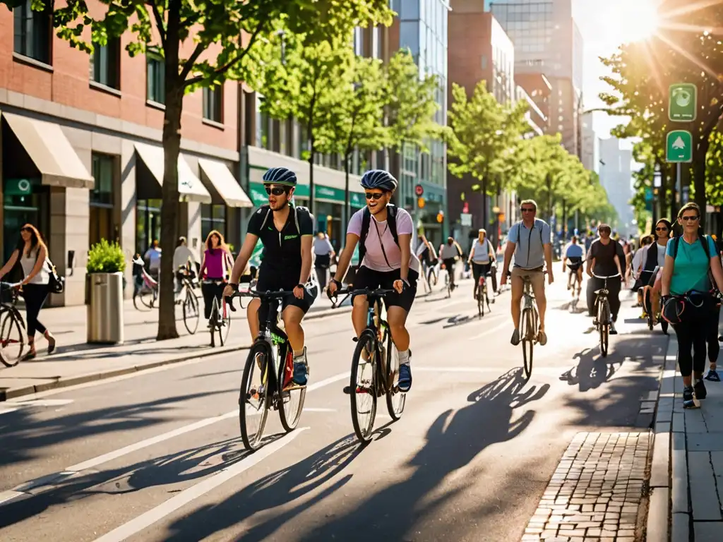 Vista de una calle urbana llena de vida, con edificios modernos y sostenibles, ciclistas y peatones