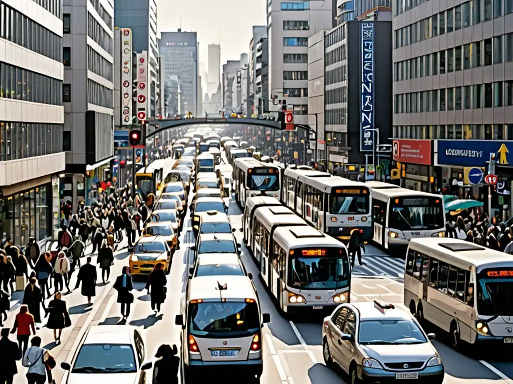 Vista caótica de la ciudad con tráfico pesado, peatones ocupados y ruido urbano