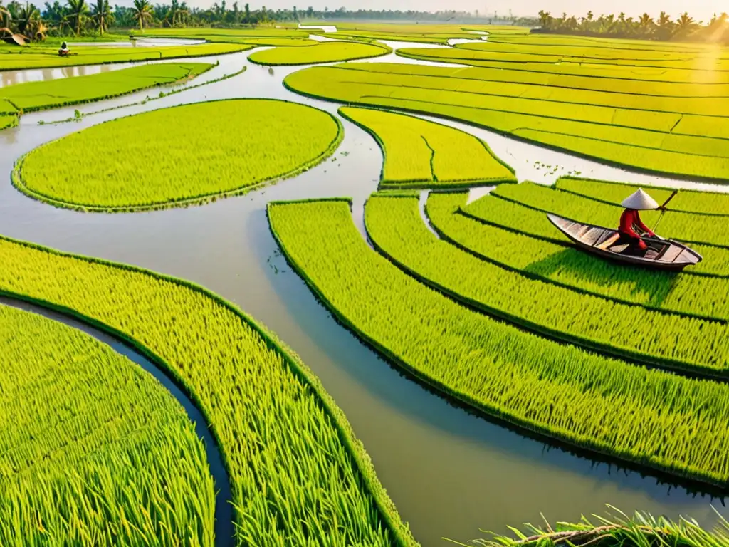 Vista cautivadora del Delta del Mekong en Vietnam, con arrozales verdes intercalados por ríos sinuosos