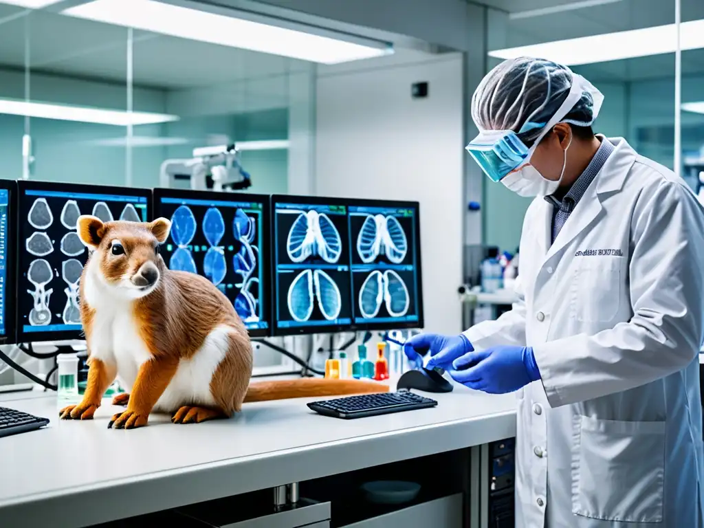 Vista cercana de animal modificado genéticamente en laboratorio, científicos cuidan bienestar