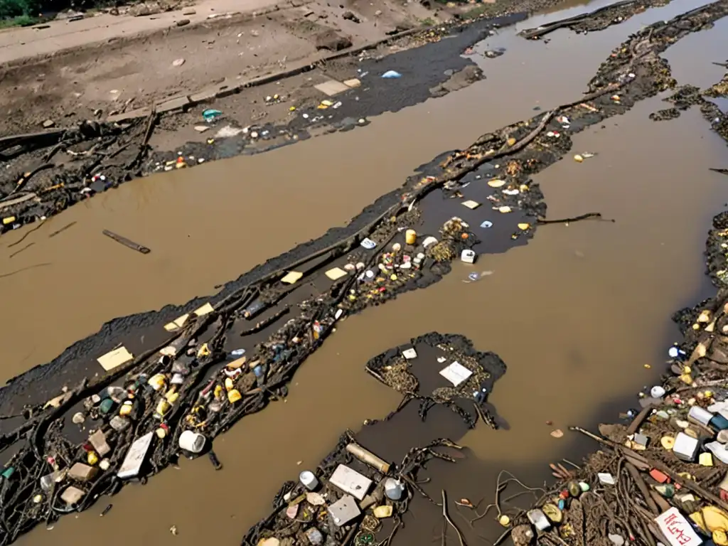 Vista cercana de un río contaminado, con agua turbia y desechos flotando