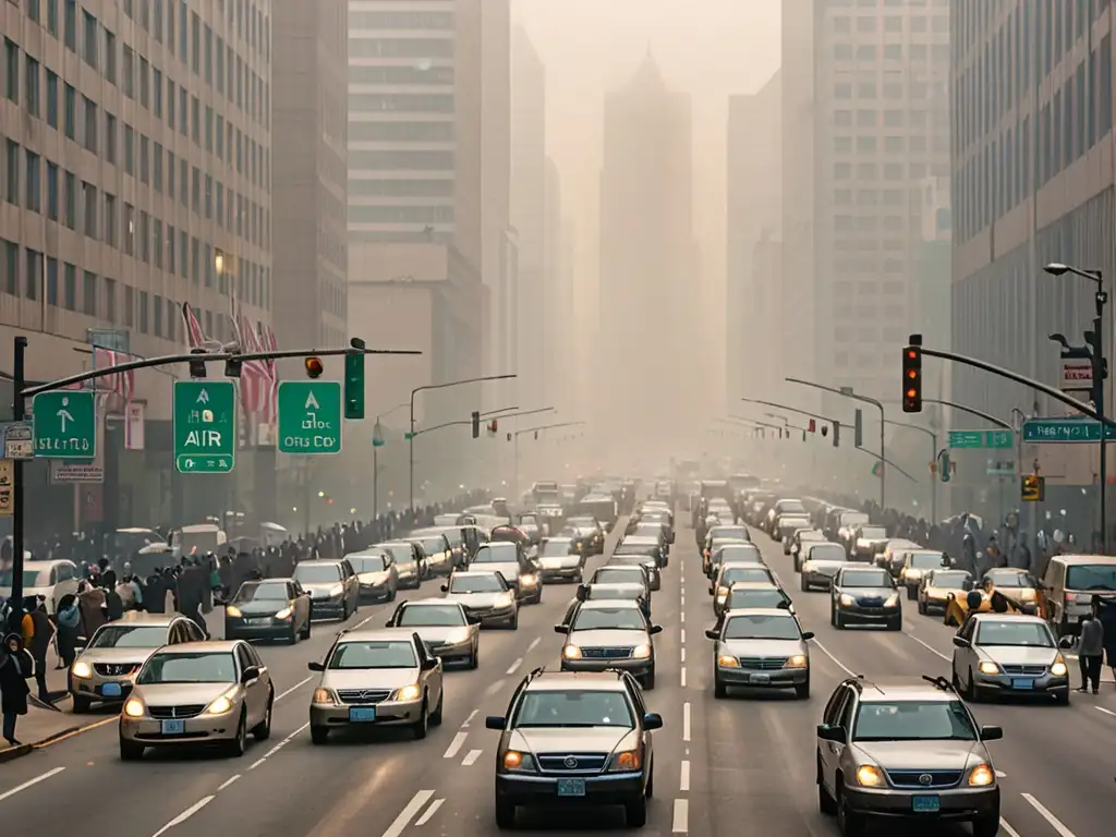 Vista de una ciudad bulliciosa con smog y rascacielos, resalta la necesidad de legislación calidad del aire grandes ciudades