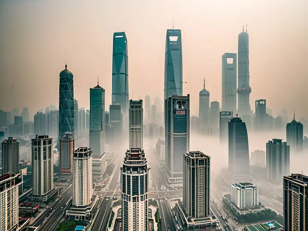 Vista de la ciudad china con rascacielos envueltos en smog, reflejando el impacto de la legislación de calidad del aire en el país