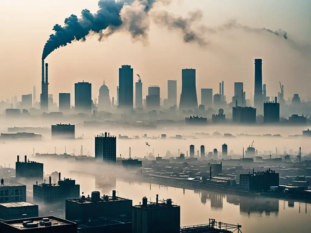 Vista de la ciudad envuelta en espeso smog, demostrando el impacto de la legislación del aire en enfermedades respiratorias