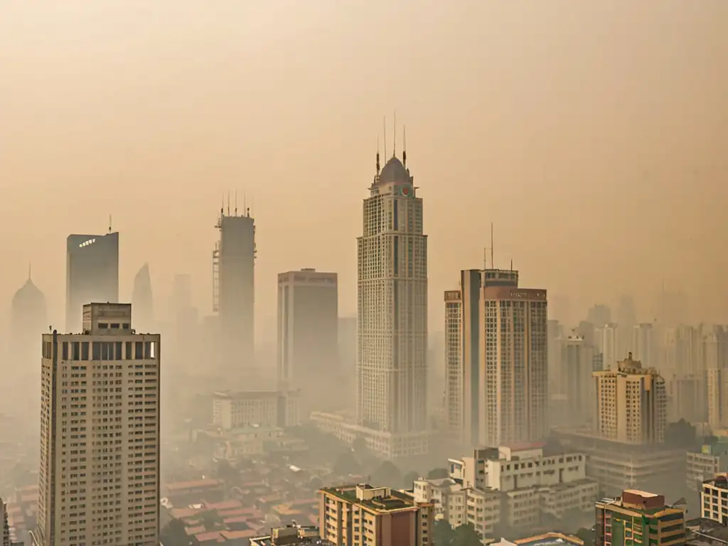 Vista de la ciudad envuelta en smog, con edificios parcialmente ocultos