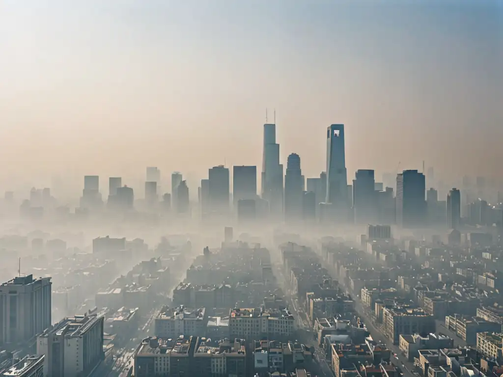 Vista de la ciudad envuelta en smog con edificios apenas visibles