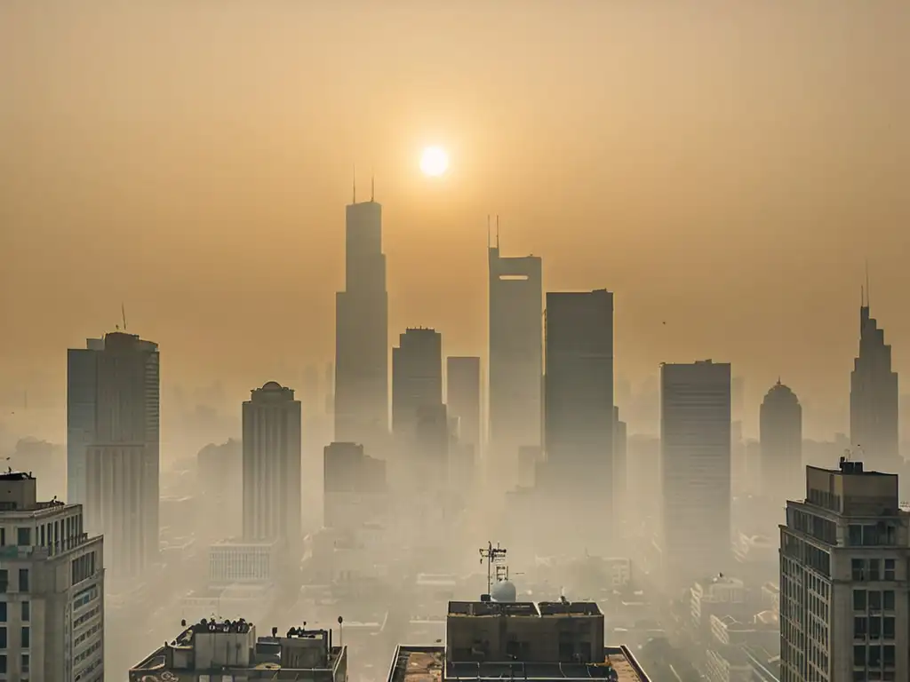 Vista de la ciudad envuelta en smog, con el sol apenas visible y personas usando mascarillas