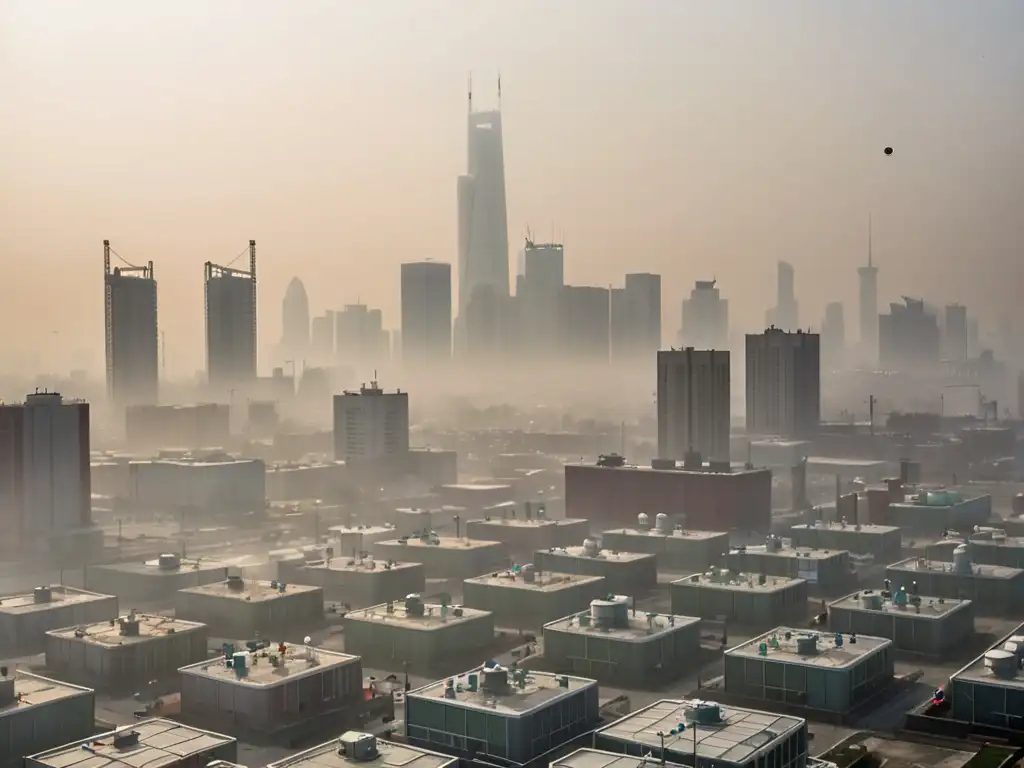 Vista de la ciudad envuelta en smog, con estaciones de vigilancia de calidad del aire