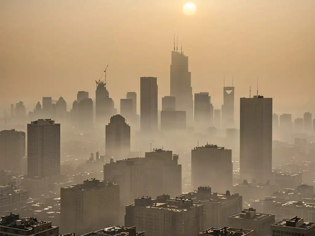 Vista de la ciudad envuelta en smog, con el sol apenas visible