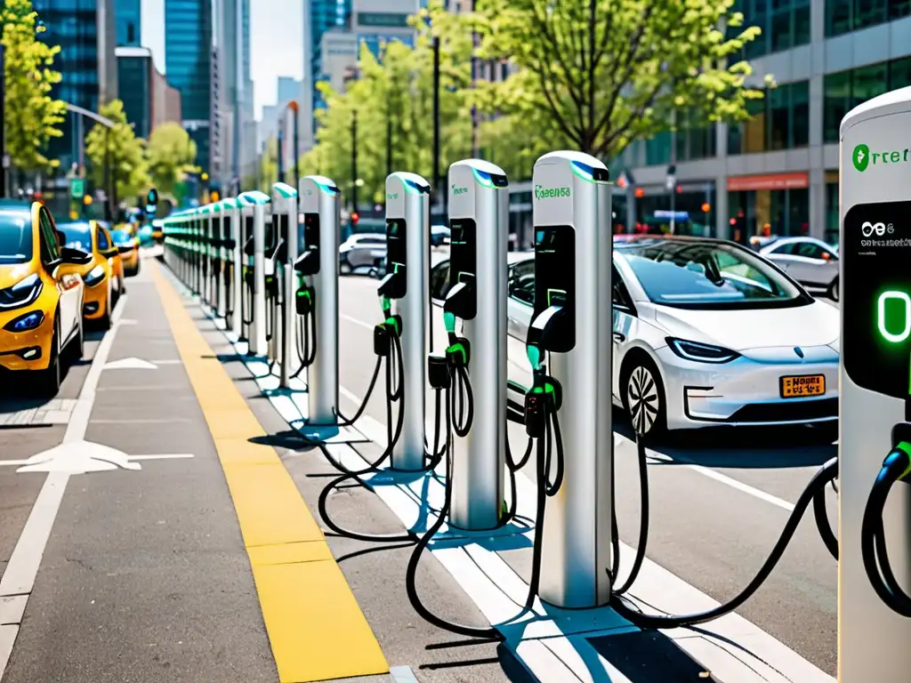 Vista de la ciudad con estaciones de carga para vehículos eléctricos y diversos modelos de EV